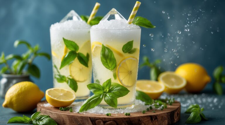 Lemon Soda Renyah dengan Serpihan Daun Basil Segar, Minuman Segar untuk Hari Panas