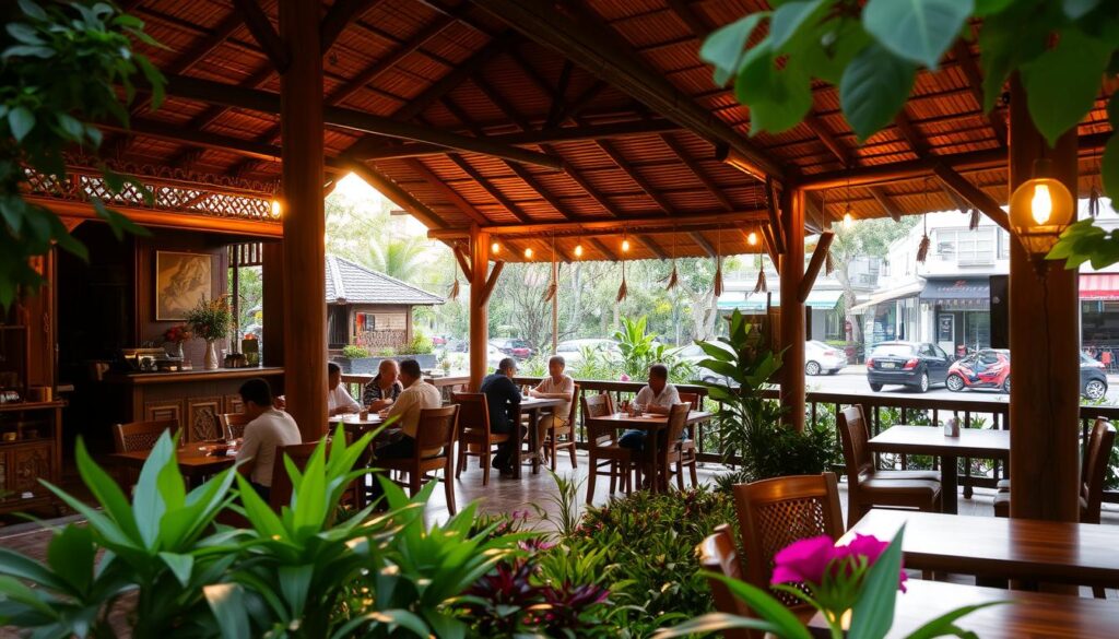 A cozy, open-air restaurant nestled amidst lush greenery, with a traditional Javanese architectural style showcasing intricate wooden carvings and terracotta tiles. Warm, ambient lighting filters through the slatted bamboo roof, casting a golden glow over the wooden tables and chairs arranged in a relaxed, social setting. In the foreground, a group of diners enjoys a leisurely meal, surrounded by the aroma of authentic Indonesian cuisine. The middle ground features a well-tended garden with vibrant flowers and foliage, while the background reveals a tranquil streetscape of Surabaya, creating a harmonious balance between the urban and the serene.