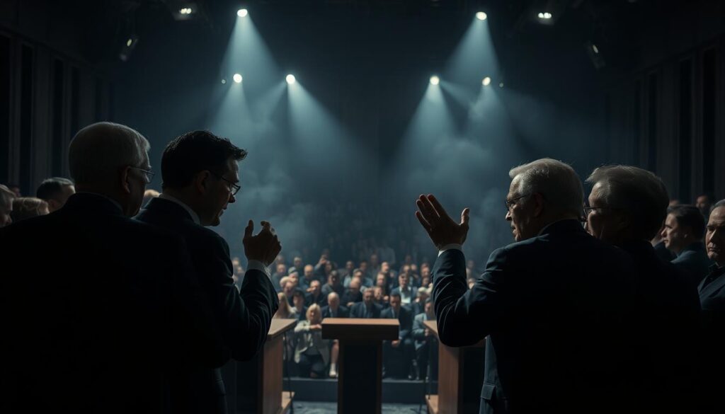 A dimly lit political debate chamber, the opposing factions engaged in a tense standoff. In the foreground, shadowy figures gesticulate passionately, their faces etched with determination. The middle ground reveals a sea of spectators, their expressions a mix of intrigue and unease. The background is shrouded in a haze, conveying the weight and complexity of the political landscape. Dramatic chiaroscuro lighting casts dramatic shadows, heightening the sense of drama and conflict. The scene is captured with a wide-angle lens, emphasizing the scale and gravity of the political opposition at play.