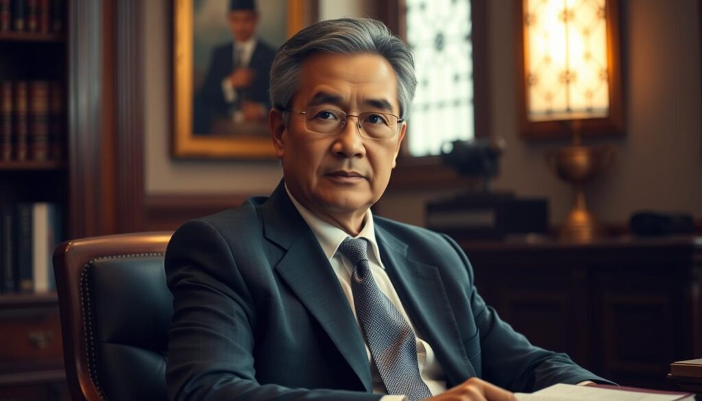 A middle-aged, distinguished-looking man in a suit, sitting at a desk in a well-appointed office. Warm, indirect lighting creates a thoughtful, authoritative atmosphere. The man's expression is serious yet composed, exuding an air of expertise and credibility. The background features tasteful, neutral decor, drawing focus to the subject. A sense of quiet confidence and gravitas pervades the scene, befitting a respected legal scholar or "pakar hukum".