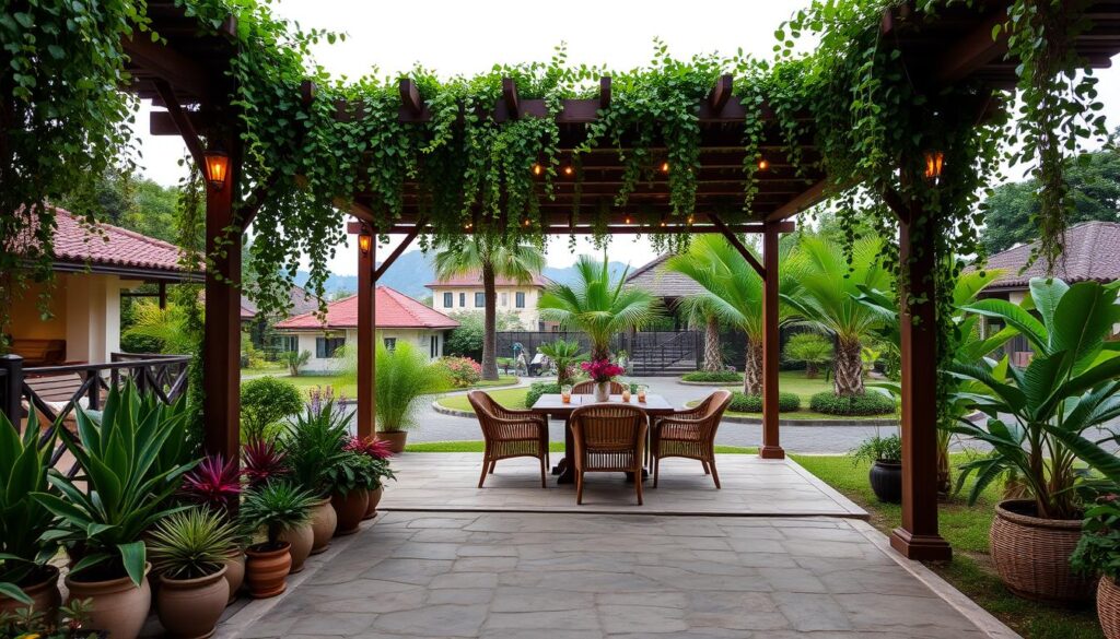 An outdoor dining area with a serene, lush ambiance. A wooden pergola, draped in cascading vines, shelters a stylish table setting with rattan chairs. The foreground features a display of vibrant potted plants and a rustic stone pathway leading to the dining area. In the middle ground, a beautifully curated landscaped garden with swaying palm trees and lush greenery. The background showcases the historic architecture of Surabaya, with a glimpse of the city skyline. Warm, soft lighting filters through the pergola, creating a cozy, inviting atmosphere perfect for a casual dining experience.