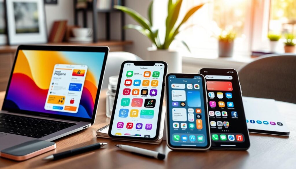 A collection of sleek iOS productivity app interfaces displayed on a modern desk with a laptop, tablet, and smartphone. The foreground features a close-up of the device screens showcasing bright, user-friendly app designs with intuitive layouts and vibrant icons, emphasizing features such as task management, calendar integration, and note-taking. In the middle, there are stylish office supplies neatly arranged, including a notepad and a pen, hinting at a professional yet creative environment. The background includes a soft-focus view of a cozy workspace with a potted plant and stylish decor, bathed in natural light from a window, creating an inspiring and efficient atmosphere. The overall mood is dynamic and motivational, reflecting the essence of productivity. A collection of sleek iOS productivity app interfaces displayed on a modern desk with a laptop, tablet, and smartphone. The foreground features a close-up of the device screens showcasing bright, user-friendly app designs with intuitive layouts and vibrant icons, emphasizing features such as task management, calendar integration, and note-taking. In the middle, there are stylish office supplies neatly arranged, including a notepad and a pen, hinting at a professional yet creative environment. The background includes a soft-focus view of a cozy workspace with a potted plant and stylish decor, bathed in natural light from a window, creating an inspiring and efficient atmosphere. The overall mood is dynamic and motivational, reflecting the essence of productivity.