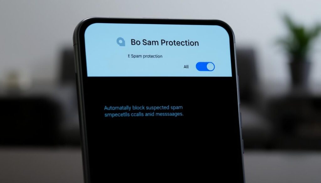 A crisp, high-resolution image of an Android smartphone screen showcasing the "Spam Protection" feature in the Phone by Google and Messages apps. The screen displays a clean, minimalist interface with a toggle switch to enable/disable spam protection, along with a brief description explaining its purpose - to automatically block suspected spam calls and messages. The phone is shown at a slight angle, with a soft, diffused lighting that highlights the screen's details. The background is a muted, blurred office or living room setting, conveying a sense of practicality and everyday utility. The overall tone is one of efficiency and user-friendly security. A crisp, high-resolution image of an Android smartphone screen showcasing the "Spam Protection" feature in the Phone by Google and Messages apps. The screen displays a clean, minimalist interface with a toggle switch to enable/disable spam protection, along with a brief description explaining its purpose - to automatically block suspected spam calls and messages. The phone is shown at a slight angle, with a soft, diffused lighting that highlights the screen's details. The background is a muted, blurred office or living room setting, conveying a sense of practicality and everyday utility. The overall tone is one of efficiency and user-friendly security.