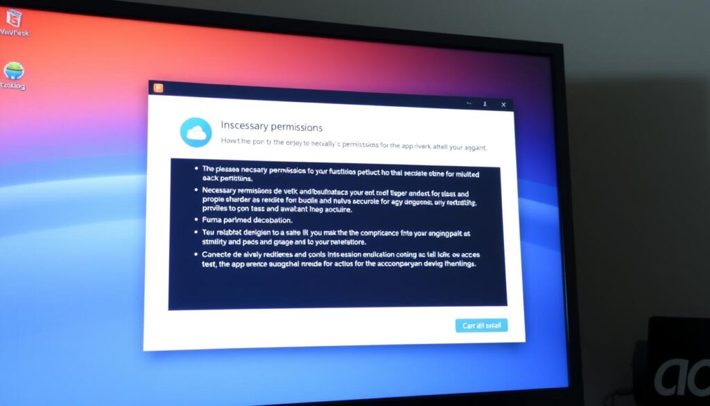 A professional-looking application installation window on a desktop computer screen, with a focus on the "Permissions" section. The window displays a clear and concise explanation of the necessary permissions required for the app to function properly, emphasizing the importance of understanding and carefully reviewing them before proceeding with the installation. The overall scene conveys a sense of caution and mindfulness, encouraging the user to make an informed decision about the app's access to their device and data. A professional-looking application installation window on a desktop computer screen, with a focus on the "Permissions" section. The window displays a clear and concise explanation of the necessary permissions required for the app to function properly, emphasizing the importance of understanding and carefully reviewing them before proceeding with the installation. The overall scene conveys a sense of caution and mindfulness, encouraging the user to make an informed decision about the app's access to their device and data.