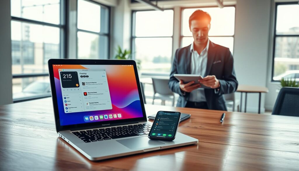 A sleek, modern workspace highlighting the advantages of iOS productivity. In the foreground, a polished wooden desk with a MacBook open, displaying a vibrant productivity app interface. Beside it, an iPhone showcases notifications and a calendar filled with tasks. In the middle ground, a professional individual in smart casual attire efficiently reviewing notes on a tablet, exuding focus and determination. The background features a bright, airy office with large windows allowing natural light to flood the space, creating a warm and inviting atmosphere. Soft shadows add depth, while the overall composition conveys a sense of organized efficiency and modern technology, highlighting the seamless integration of iOS into daily worklife. A sleek, modern workspace highlighting the advantages of iOS productivity. In the foreground, a polished wooden desk with a MacBook open, displaying a vibrant productivity app interface. Beside it, an iPhone showcases notifications and a calendar filled with tasks. In the middle ground, a professional individual in smart casual attire efficiently reviewing notes on a tablet, exuding focus and determination. The background features a bright, airy office with large windows allowing natural light to flood the space, creating a warm and inviting atmosphere. Soft shadows add depth, while the overall composition conveys a sense of organized efficiency and modern technology, highlighting the seamless integration of iOS into daily worklife.