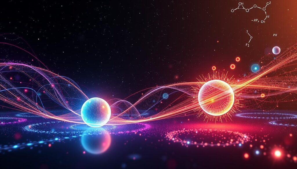 A visually stunning illustration of quantum superposition, depicting a vibrant and dynamic visualization of particles and waves interacting in a three-dimensional space. In the foreground, emphasize two overlapping quantum states represented by glowing spheres of different colors, each interconnected with ethereal strands of light symbolizing entanglement. In the middle ground, incorporate abstract patterns that evoke the chaos and unpredictability of quantum mechanics, with subtle hints of mathematical equations floating in the air. The background features a dark cosmic space filled with twinkling stars, illuminated by soft, diffused lighting to create a sense of depth and mystery. The mood is captivating and thought-provoking, inviting viewers to explore the strange beauty of the quantum world. A visually stunning illustration of quantum superposition, depicting a vibrant and dynamic visualization of particles and waves interacting in a three-dimensional space. In the foreground, emphasize two overlapping quantum states represented by glowing spheres of different colors, each interconnected with ethereal strands of light symbolizing entanglement. In the middle ground, incorporate abstract patterns that evoke the chaos and unpredictability of quantum mechanics, with subtle hints of mathematical equations floating in the air. The background features a dark cosmic space filled with twinkling stars, illuminated by soft, diffused lighting to create a sense of depth and mystery. The mood is captivating and thought-provoking, inviting viewers to explore the strange beauty of the quantum world.