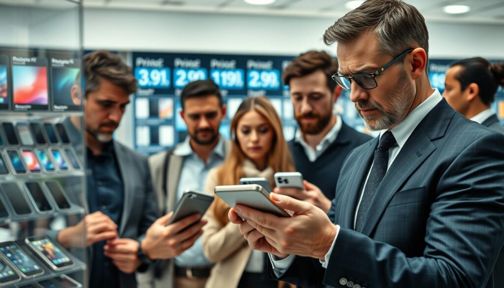 A business-focused scene illustrating the impact of rising smartphone prices on both manufacturers and consumers. In the foreground, a concerned business professional, dressed in a crisp suit, studies a smartphone while analyzing sales charts on a tablet. In the middle ground, a diverse group of consumers—men and women of various ages—discuss the affordability of smartphones, showcasing expressions of concern and contemplation. The background reveals a store display with smartphones, featuring price tags with noticeably high figures, creating a sense of tension. Soft, diffused lighting highlights the expressions of the individuals, while a slight blur in the background emphasizes the focus on the engaged characters. The overall mood is somber yet reflective, encapsulating the struggles faced by both producers and consumers in a modern retail environment.