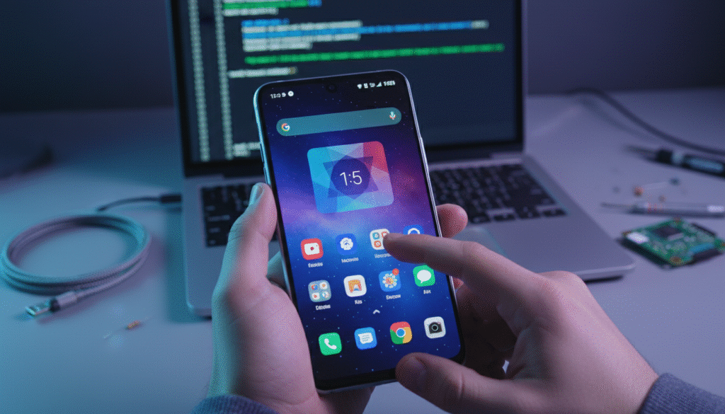 A close-up shot of a modern smartphone displaying a vibrant custom ROM interface, showcasing vivid colors and sleek icons. The foreground features a pair of hands navigating through the phone, highlighted by soft, diffused lighting that enhances the device's sleek design. In the middle ground, a blurred laptop screen displays coding software, indicating the technical aspects of Android modification. The background is a subtle workspace setting with tools like a USB cable and circuit board parts, conveying an atmosphere of innovation and creativity. The overall mood is one of empowerment and freedom, illustrating the benefits of unlocking a bootloader for users seeking customization.