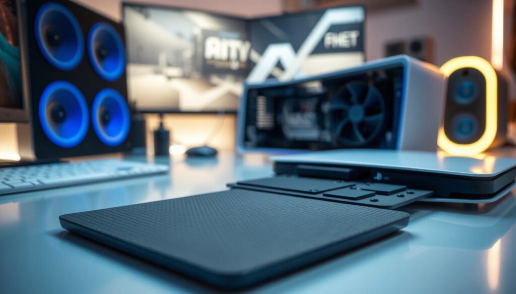 A close-up view of a thermal pad designed for PlayStation 5, set on a sleek, modern workstation. The foreground showcases the thermal pad in sharp focus, with detailed textures and colors that highlight its material properties, reflecting a professional quality. In the middle ground, a disassembled PS5 console reveals the positioning of the thermal pad, emphasizing its importance in system cooling. The background features a soft-focus gaming setup with ambient lighting, creating a relaxing atmosphere. Soft, diffused lighting enhances the details of the thermal pad while maintaining a realistic tone. The overall mood conveys a sense of professionalism and care in gaming hardware maintenance, aimed at aiding gamers in proper PS5 temperature management.