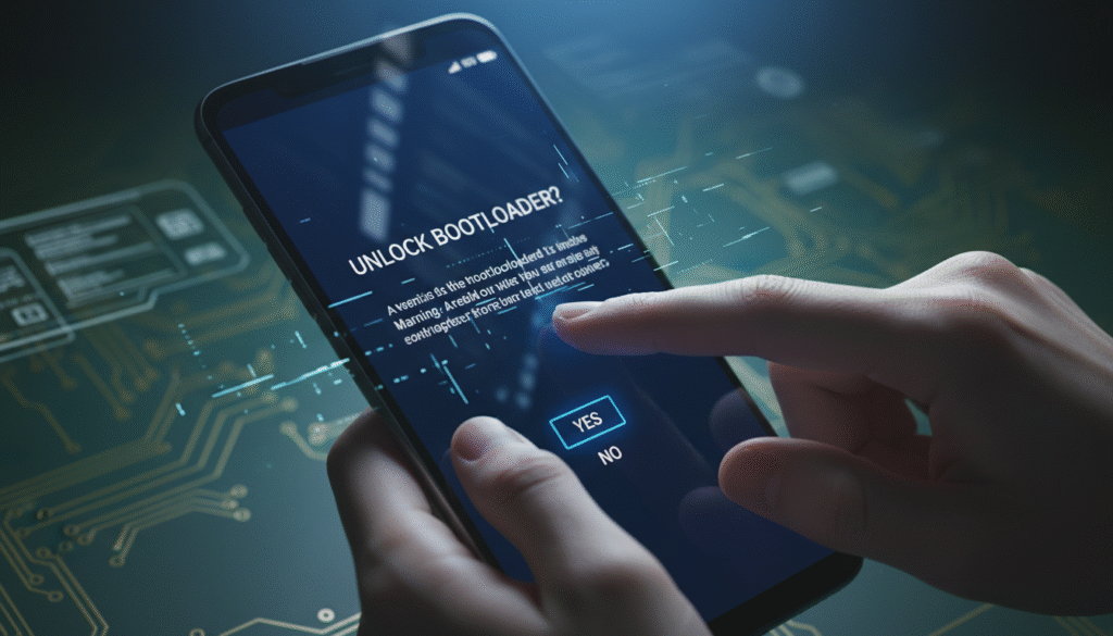 A detailed close-up of a smartphone displaying the bootloader settings screen, illuminated by a soft, blue ambient light that highlights the digital interface. In the foreground, delicate hands are carefully pressing the unlock button, emphasizing the action of unlocking the bootloader. The middle ground features subtle reflections on the phone's screen, suggesting a high-tech environment. The background is blurred, consisting of circuit board patterns and faint technical schematics, creating an atmosphere of technology and caution. Soft shadows enhance the depth of the scene, conveying a sense of intrigue about the risks and benefits of unlocking a bootloader. The overall mood is thoughtful and contemplative, inviting the viewer to consider the implications of this action.