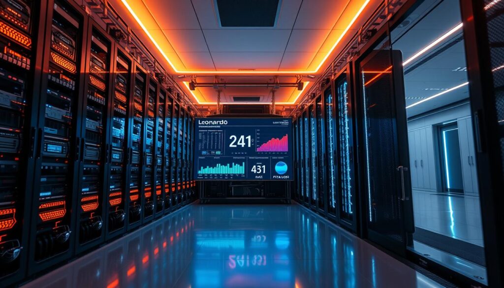 A futuristic supercomputer setup inside a sleek, high-tech data center. The foreground features an array of intricate server racks filled with blinking lights and cooling systems. In the middle, a large digital screen displays vital statistics of the Leonardo supercomputer, showcasing its 241 Petaflops performance with colorful graphs and metrics. The background reveals a spacious, modern room with reflective surfaces and neon accents that convey a cutting-edge atmosphere. Soft, ambient lighting enhances the technological vibe, creating a sense of innovation and speed. The angle is slightly low to emphasize the grandeur and sophistication of the supercomputing environment, capturing the essence of advanced technology with a professional, clean aesthetic.