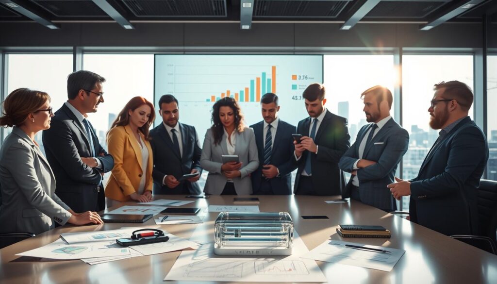 A modern smartphone production strategy scene in a sleek, high-tech office. In the foreground, a diverse group of professionals in business attire are engaged in a heated discussion around a large conference table, with charts and graphs displayed on a digital screen behind them. The middle ground features a transparent smart device prototype and design sketches scattered across the table, illustrating innovation and research. The background reveals large windows with a city skyline view, suggesting a global market perspective. The lighting is bright and focused, with soft shadows to create depth, and a slight lens flare effect from the sunlight pouring in. The atmosphere is intense yet collaborative, emphasizing teamwork and strategic planning under financial pressure.