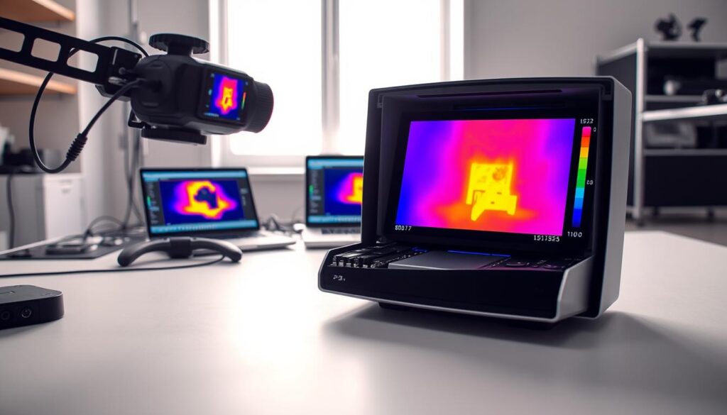 A thermal camera testing setup showcasing a PlayStation 5 console, prominently displayed in the foreground. The console is slightly open, revealing internal components like heat sinks and thermal pads. A high-quality thermal camera is positioned at an angle that captures the console’s surface temperature readings in real-time, displaying vibrant color gradients indicating heat levels. The middle background features a clean, well-lit workspace with various testing equipment, such as a laptop displaying monitoring software. Soft, diffused daylight enters through a window, creating a focused yet professional atmosphere. The overall mood is scientific and technical, highlighting precision in testing. Ensure no people are visible, maintaining a clear focus on the equipment and setup.