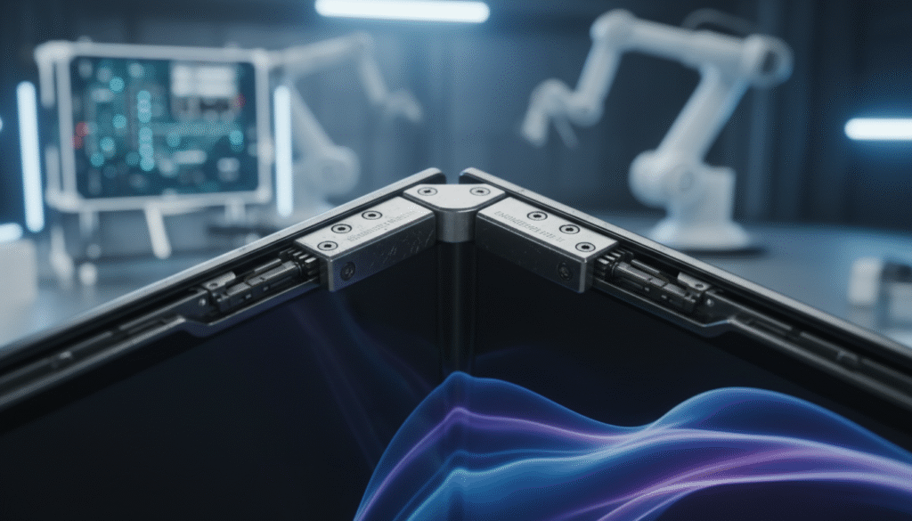 A close-up shot focusing on the hinge mechanism of the Galaxy Z Fold 6, showcasing its intricate engineering and durability after extensive testing. In the foreground, the hinge is prominently displayed, highlighting its complex design and robust materials. The middle ground features the device partially opened, revealing its flexible display, subtly emphasizing its foldable nature. The background should be a blurred, high-tech laboratory setting with soft lighting reflecting off metallic surfaces, creating a professional atmosphere. Capture the scene with a slight tilt-angle perspective to accentuate the hinge's resilience and modernity. Use a shallow depth of field to keep the focus on the hinge while the background remains softly blurred, conveying a sense of innovation and strength.