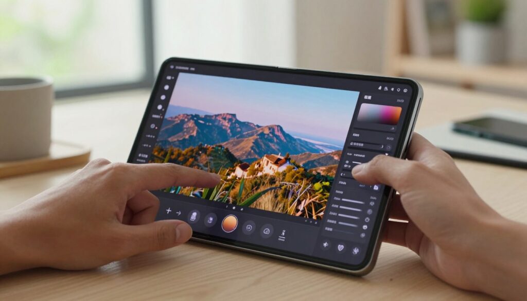 A close-up view of a sleek Galaxy Z Fold 6 device, open to display its vibrant photo editing interface on the large inner screen. In the foreground, focus on a professional user’s hands expertly manipulating the touchscreen, applying filters and adjustments to a stunning landscape photo. The middle ground features a well-organized digital workspace with various editing tools visible, including sliders and icons for enhancements. The background is softly blurred, hinting at a bright, modern workspace with subtle natural lighting filtering through a large window, creating a productive atmosphere. The overall mood emphasizes creativity and professionalism, showcasing the benefits of utilizing a large screen for photo editing. The scene has a warm, inviting color palette that conveys inspiration and artistic expression.