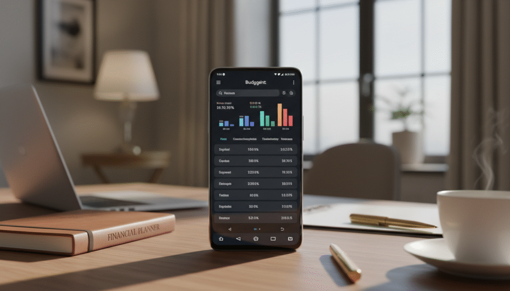 A modern smartphone showcasing the latest Galaxy S series, prominently featuring its sleek design and vibrant display with rich colors. In the foreground, the phone is centered on a stylish wooden desk surrounded by office supplies like a notebook and a coffee cup, implying a professional setting. The middle ground includes a blurred laptop, hinting at a busy work environment. In the background, a soft-focus indoor space with warm lighting creates a welcoming atmosphere. The scene should convey a sense of technological sophistication and financial consideration, emphasizing the importance of budgeting for premium devices. Use a clear perspective, with soft shadows and natural light highlighting the smartphone’s features beautifully.