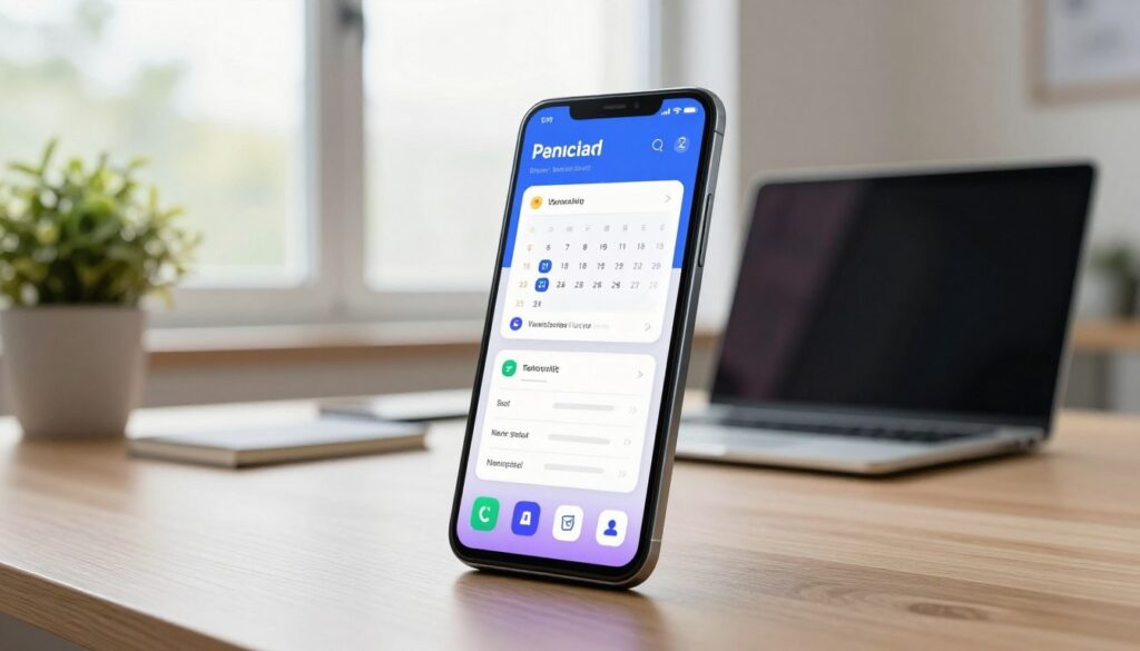 A sleek Android smartphone sits prominently in the foreground, showcasing a vibrant, user-friendly interface. The screen displays various productivity features like task lists, calendar events, and a digital note-taking app, all seamlessly integrated. In the middle ground, a modern workspace with a tidy desk, a laptop, and potted plants enhances the theme of productivity. In the background, soft natural light streams through large windows, creating an inviting atmosphere. The overall mood is focused and inspiring, perfect for emphasizing efficiency in daily tasks. The camera angle is slightly elevated, capturing both the smartphone's interface and the surrounding workspace, suggesting a productive lifestyle.