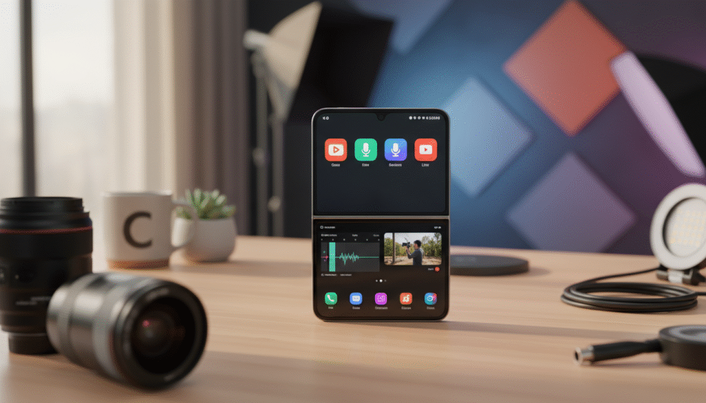 A sleek Galaxy Z Flip 6 smartphone prominently displayed in a well-lit, modern workspace. The phone is open, showcasing the vibrant screen with various content creation apps, emphasizing its functionality for creators. In the foreground, there are high-quality camera lenses and studio microphones, underscoring its use in content production. The middle ground features a stylish desk with a minimalist design, perfect for a professional setup. Soft, diffused lighting highlights the phone, creating a warm and inviting atmosphere. The background is subtly blurred with abstract shapes of a creative environment, adding depth without distraction. The overall mood conveys innovation and sophistication, ideal for a review focused on performance and specifications.