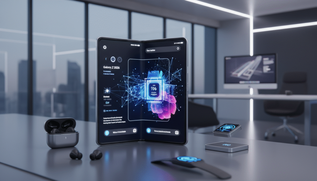 A sleek, futuristic smartphone representation showcasing the "Galaxy Z 2026" model, emphasizing its "Wide Foldable" design. In the foreground, the phone is opened to reveal a stunning, vibrant display with advanced UI elements that hint at high performance. The middle layer features a tech-savvy workspace, with subtle reflections of light glinting off high-tech accessories like wireless earbuds and smartwatches. The background should have a modern, minimalistic office environment with soft, diffused lighting to create a professional yet innovative atmosphere. The angle should be slightly elevated, capturing the beauty of the device and surroundings. Overall, the mood is sophisticated and cutting-edge, appealing to tech enthusiasts.