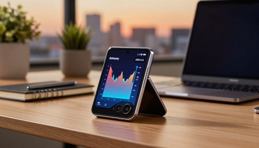 A sleek, modern Samsung Galaxy Z Flip 6 smartphone, prominently displayed in the foreground with its vibrant, foldable AMOLED screen showcasing a benchmark graph. The phone rests on a minimalist wooden desk alongside a high-tech laptop and a stylish notebook, conveying a professional atmosphere. The middle ground features a blurred office setting with soft-focus plants and warm ambient lighting, emphasizing a cozy yet high-tech workspace. The background is an out-of-focus window revealing a cityscape at dusk, casting a soft orange glow that enhances the mood of productivity and innovation. The image should capture a high-resolution, close-up perspective, highlighting the phone's elegant design and the detailed graphics of the benchmark results on the screen.