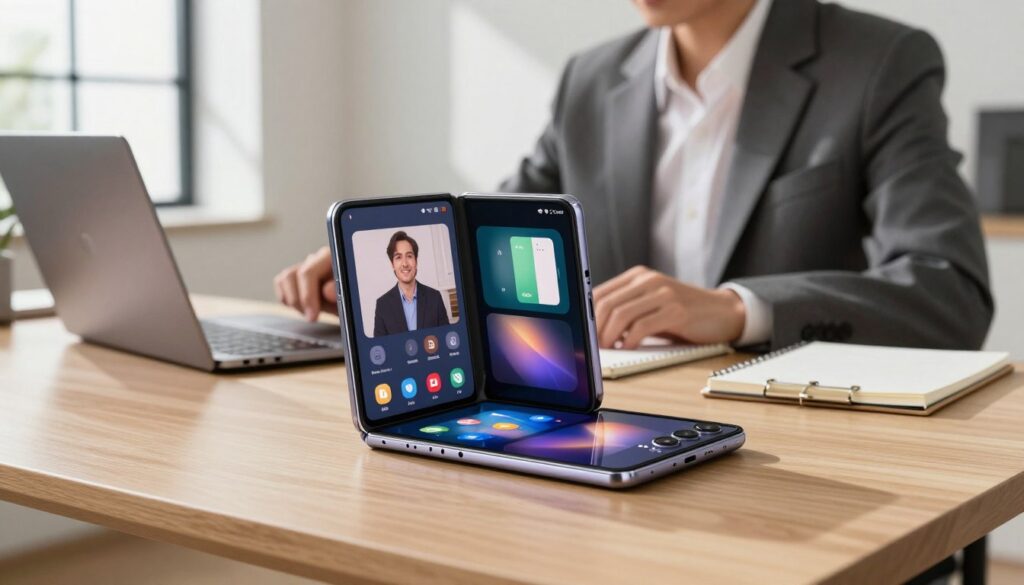 A sleek, modern Samsung Galaxy Z Fold 6 is prominently displayed in the foreground, opened to showcase its large, vibrant main screen with multiple apps running side by side, illustrating multitasking capabilities. The device is placed on a minimalist wooden desk with a laptop and a notepad, hinting at a productive work environment. In the middle ground, a professional dressed in business attire is intently focused on the phone, engaged in a video call while taking notes. The background features a well-lit, contemporary office space with soft natural lighting filtering through a large window, casting gentle shadows and enhancing the atmosphere of productivity and innovation. The overall mood is dynamic and efficient, ready for a day of multitasking.